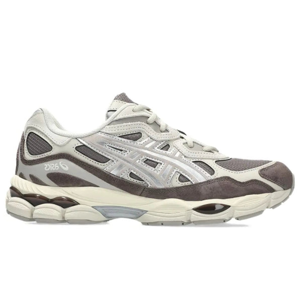 A side view of the ASICS GEL-NYC Cocoa Powder Pure Silver trainer, showing the Cocoa Powder upper, layered suede panels, Pure Silver detailing and signature ASICS stripes.