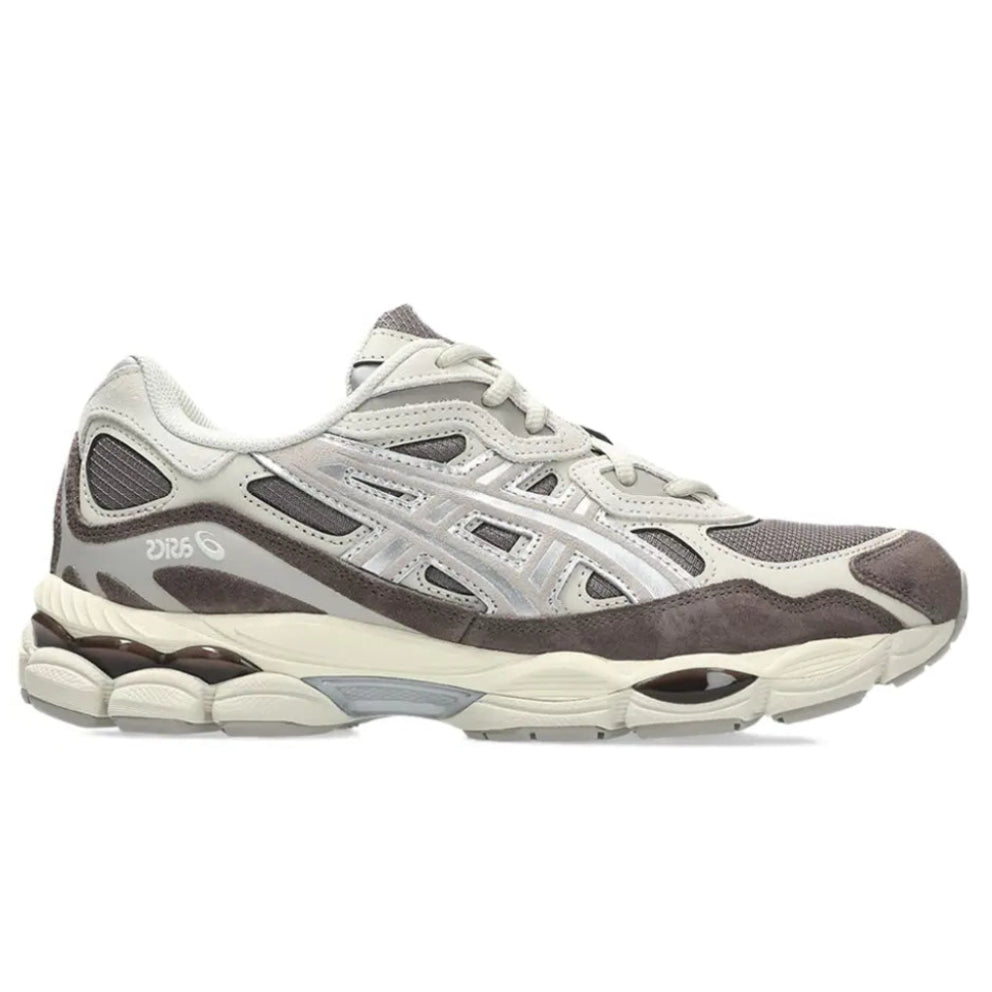 A side view of the ASICS GEL-NYC Cocoa Powder Pure Silver trainer, showing the Cocoa Powder upper, layered suede panels, Pure Silver detailing and signature ASICS stripes.