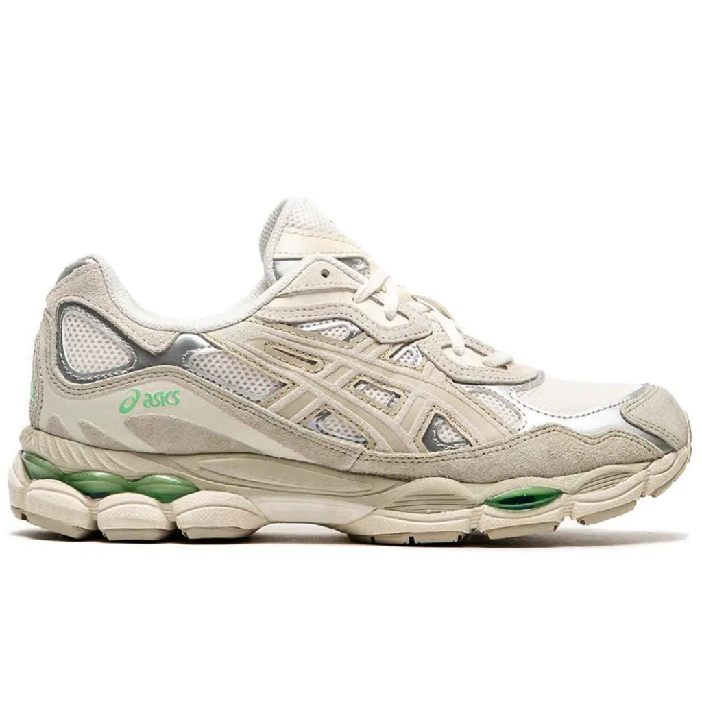 Side profile of the ASICS GEL-NYC Cream Fossil (1203A383-112), highlighting the neutral Y2K aesthetic, classic ASICS branding, and lightweight GEL cushioning midsole.