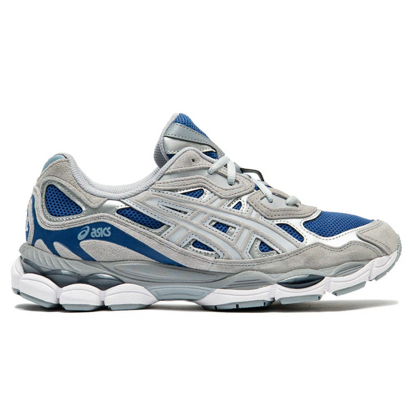 A side view of the ASICS GEL-NYC Twilight Blue Gravel trainer, showing the Twilight Blue mesh upper, Gravel grey overlays, layered ASICS detailing and sculpted sole.