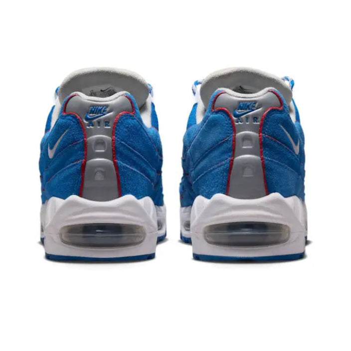 A rear view of the Nike Air Max 95 Lawson Blue Sapphire trainers, showing the structured heel, blue and white detailing and textured overlays on a clean white background.