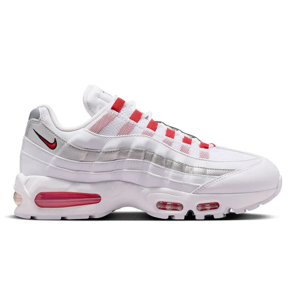 Nike Air Max 95 England side view showing white layered upper, Speed Red accents, mini Swoosh and visible Air cushioning