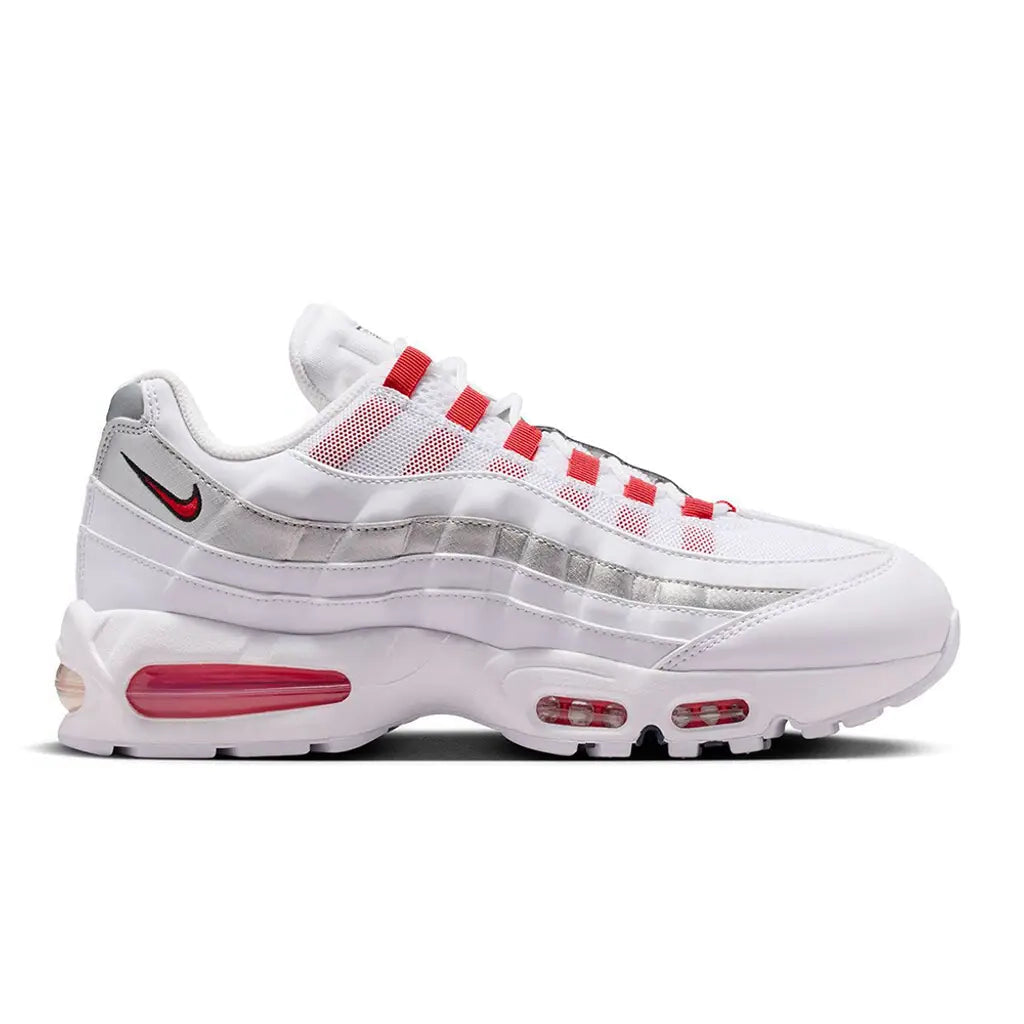 Nike Air Max 95 England side view showing white layered upper, Speed Red accents, mini Swoosh and visible Air cushioning