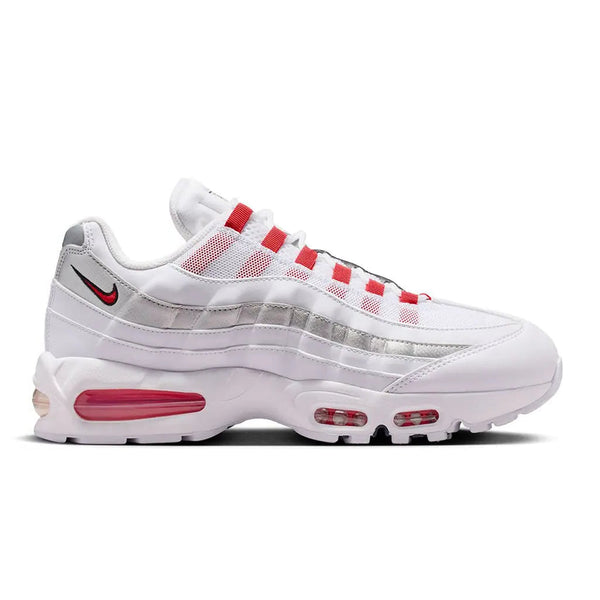 Nike Air Max 95 England side view showing white layered upper, Speed Red accents, mini Swoosh and visible Air cushioning