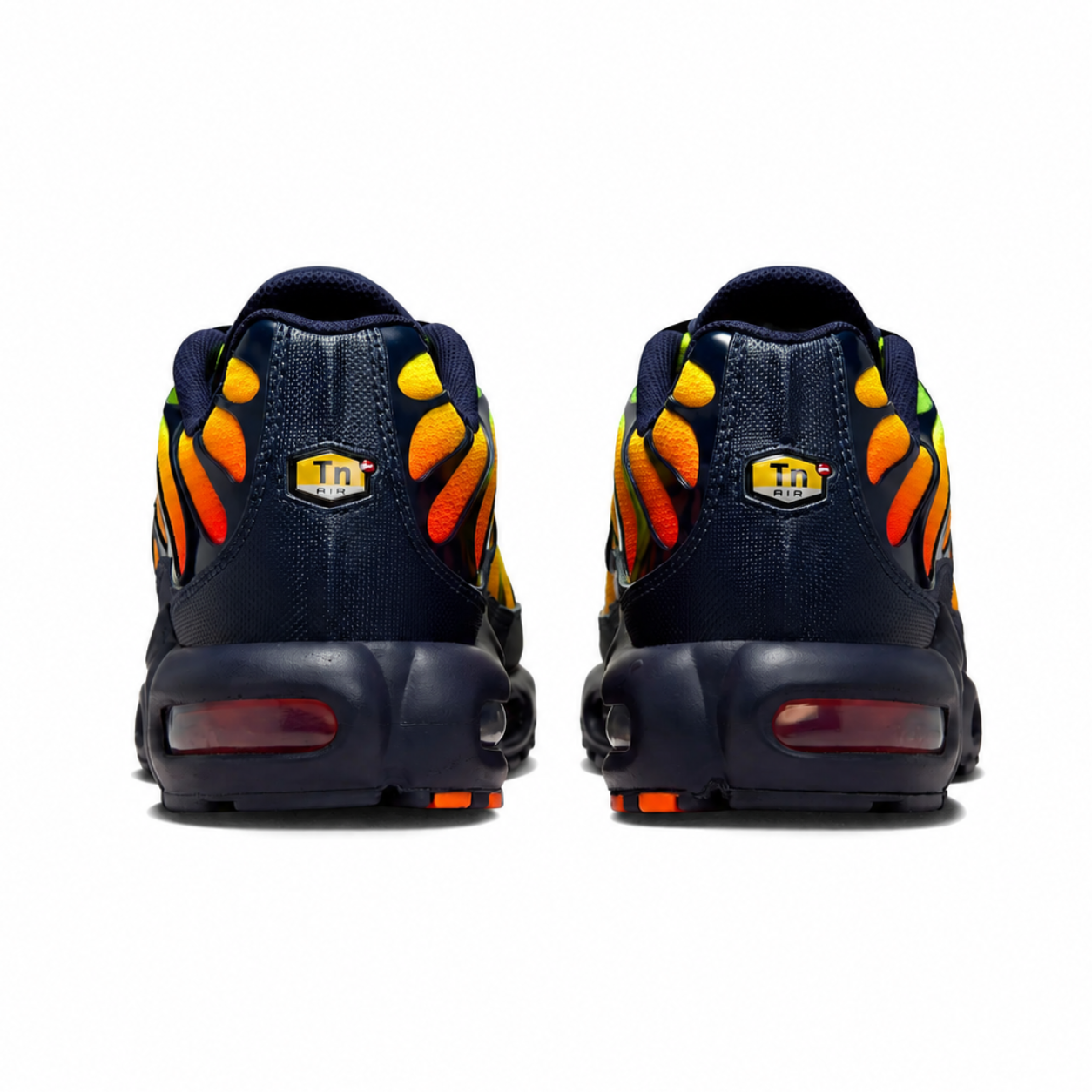 A rear view of the Nike Air Max Plus TN Lemon Venom trainers, showing the structured heel, TN Air branding, vibrant colour detailing and visible heel cushioning on a clean white background.