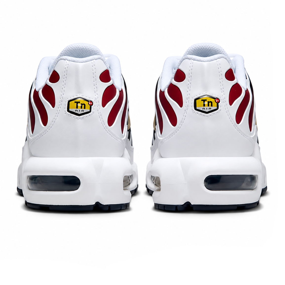 A rear view of the Nike Air Max Plus TN PSG trainers, featuring a clean white heel, deep red gradient accents, yellow TN Air branding, visible heel cushioning and dark outsole detailing on a clean white background.