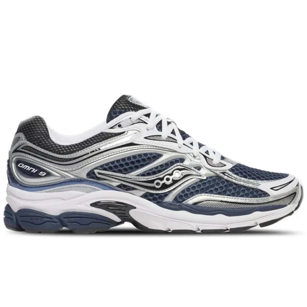 Side profile of the Saucony ProGrid Omni 9 S70739-41 in Deep Navy, showing the early 2000s technical lines, classic Saucony logo, and chunky retro midsole.