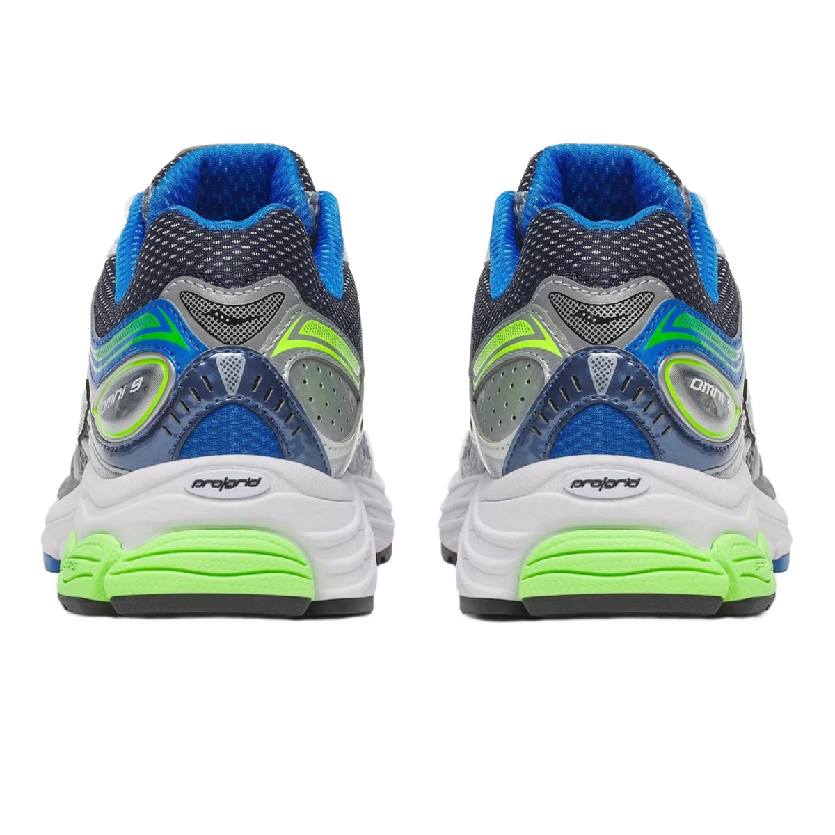 A rear view of the Saucony ProGrid Omni 9 Grey Slime trainers, showing the structured heel, grey and neon green colour palette and chunky cushioned sole on a clean white background.