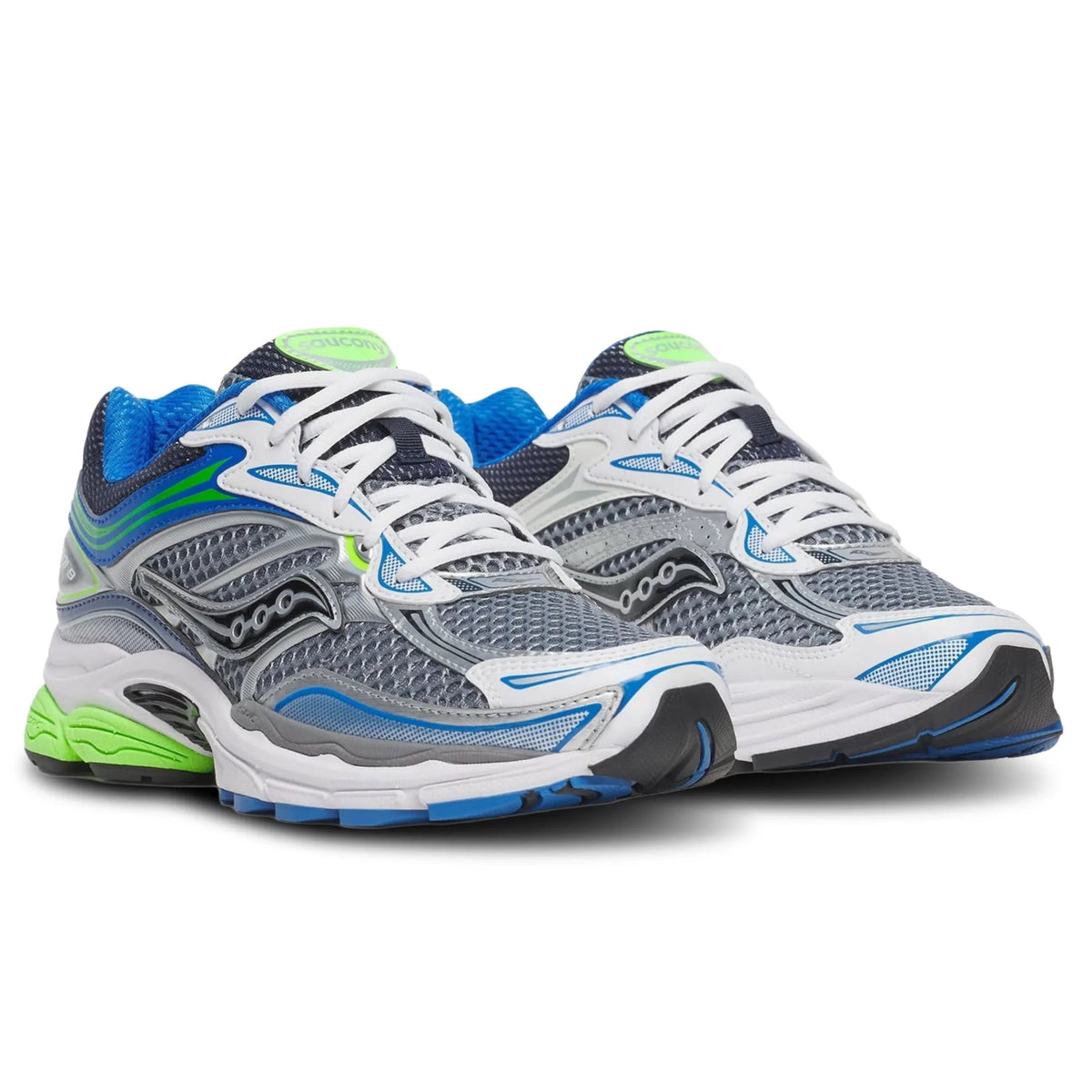 A pair of Saucony ProGrid Omni 9 Grey Slime trainers featuring grey mesh, vivid neon green accents, layered technical overlays and a chunky cushioned sole on a clean white background.