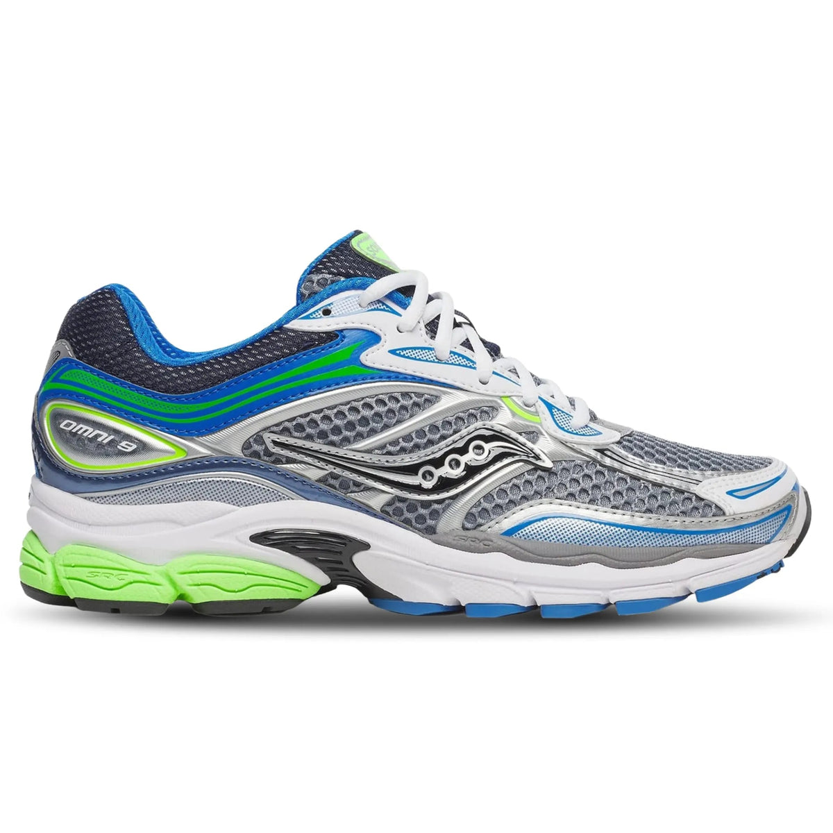 A side view of the Saucony ProGrid Omni 9 Grey Slime trainer, showing the grey mesh upper, bright Slime green detailing, signature Saucony wave logo and sculpted ProGrid sole.
